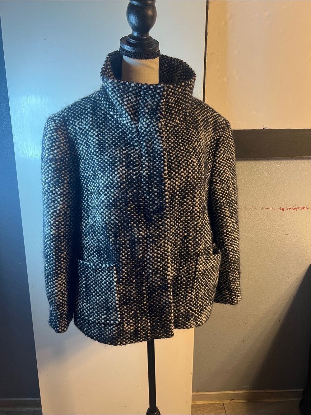 LOFT Black and White Bouclé Short Pea Coat